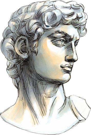 Hand drawn sketch markers illustration of of renaissance sculpture Head of David of Michelangelo